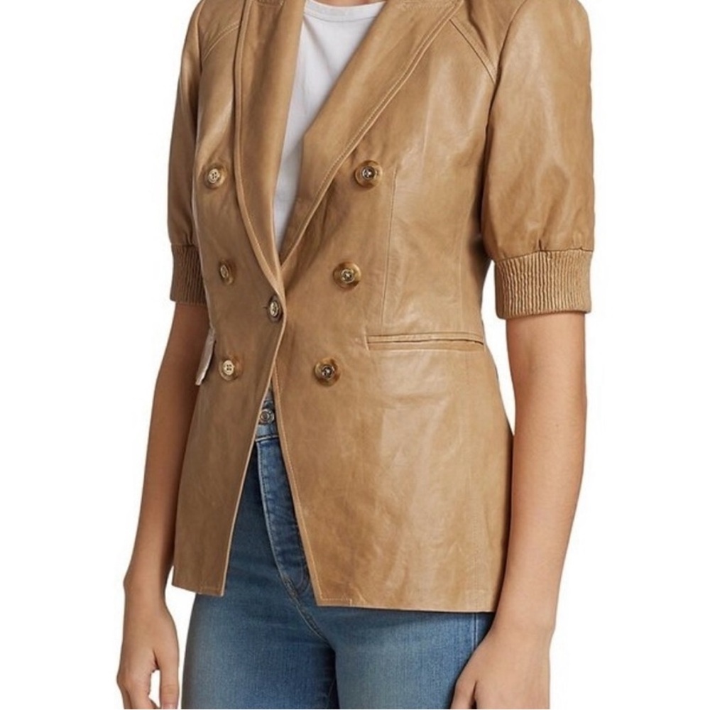 Veronica Beard Leather Edra Short Sleeve Jacket Tan Size 0 Double Breasted